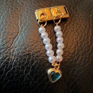 Gold-Toned Italian Charm Dangle with Pearl Beads & Blue Heart